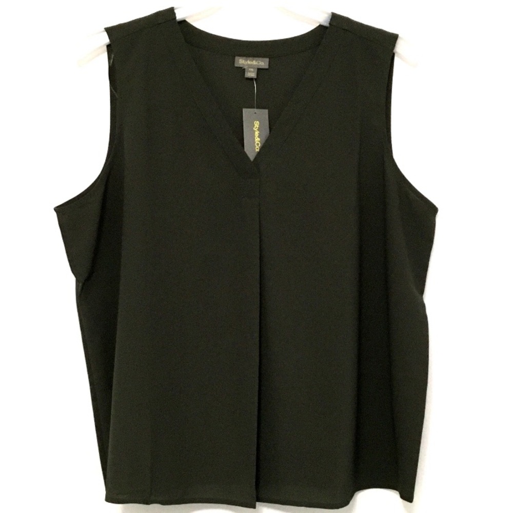 Style & Co Womens XXL Midnight Olive Green Polyester Pleated Sleeveless Popover
